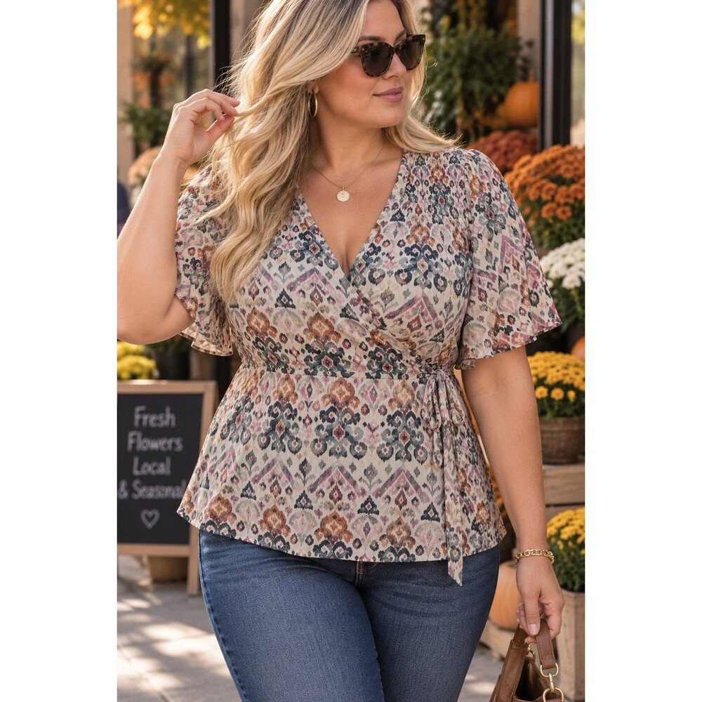 Torrid Wrap Top Womens L Multicolor Ikat Crepe Smocked Surplice Flutter Sleeve